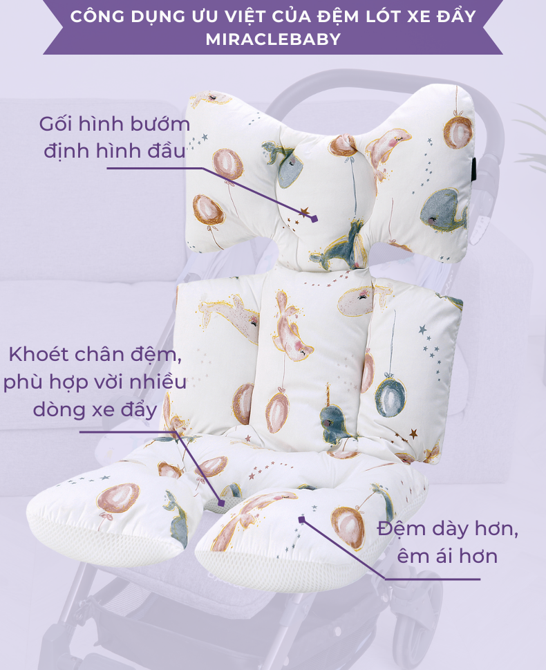 Miếng lót xe đẩy dày 6.5cm MiracleBaby  đệm Cotton dày dặn, phụ kiện xe đẩy êm ái cho bé