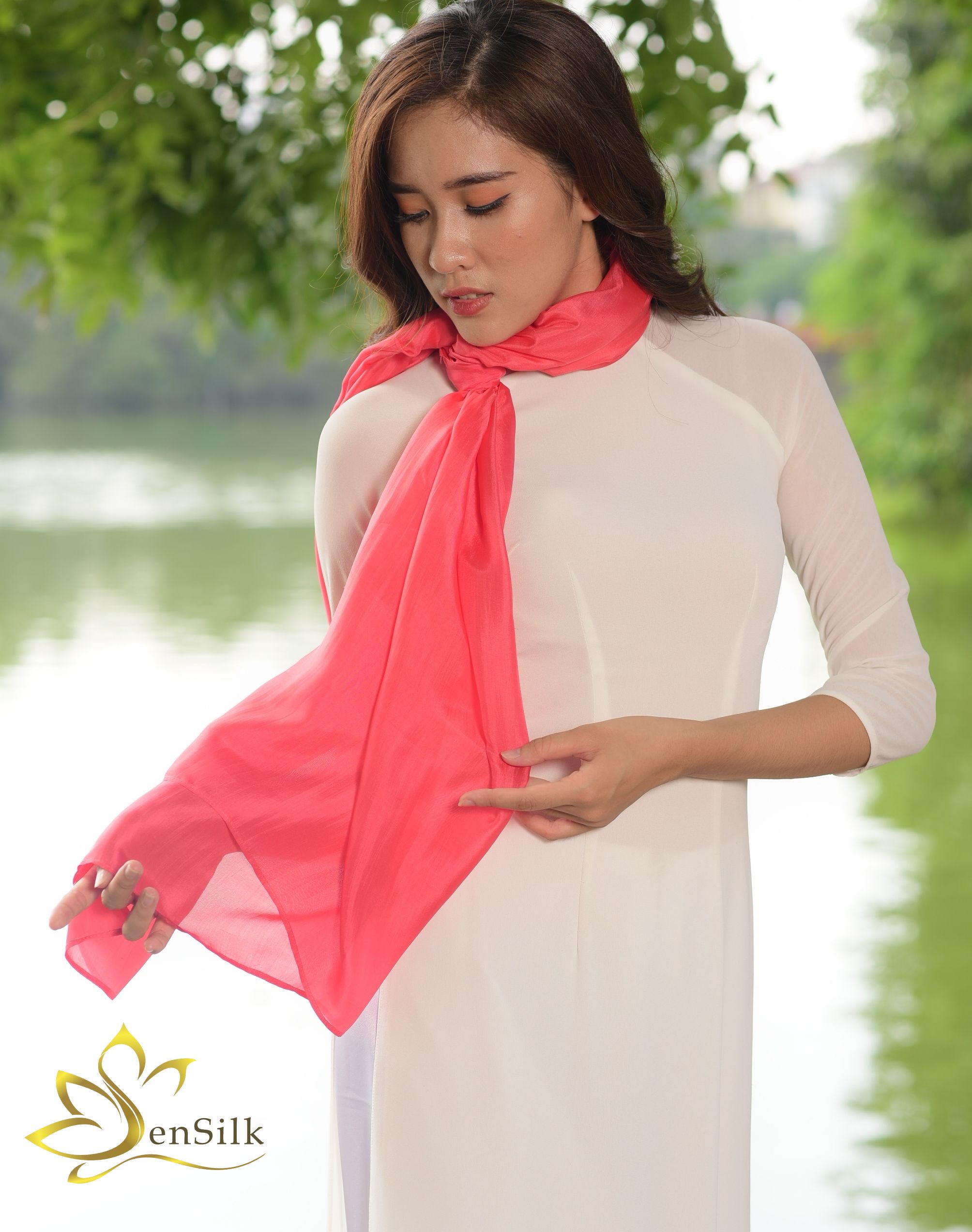 Khăn Lụa Nha Xá SenSilk (Đỏ) - 100% Silk Scarf - Lụa Tặng Khách Nước Ngoài