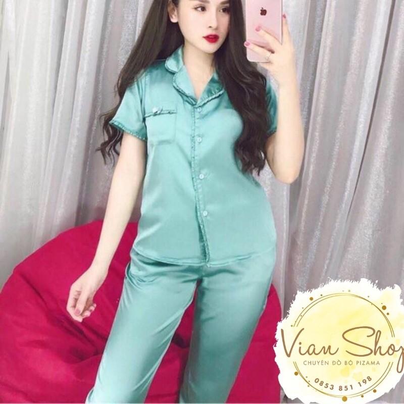 Bộ đồ pijama lụa, bộ lụa cộc tay quần dài viền bèo nơ túi xinh xắn