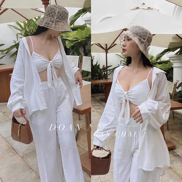 SET ÁO DÂY CROPTOP BIKINI LƯNG THUN ĐI BIỂN + QUẦN DÀI ỐNG SUÔNG ĐỨNG LƯNG CAO ỐNG RỘNG + ÁO SƠ MI RỘNG TRƠN DẠO PHỐ