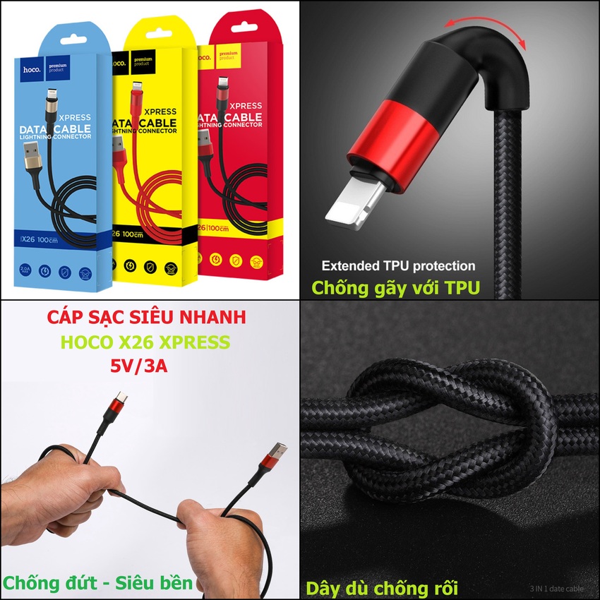 Cáp Sạc Nhanh Type C loại tốt - HOCO X26 XPRESS dài 1 mét – Dây bọc dù chống xoắn, đứt – Dành cho Samsung, OPPO, LG.. (Hàng chính hãng)