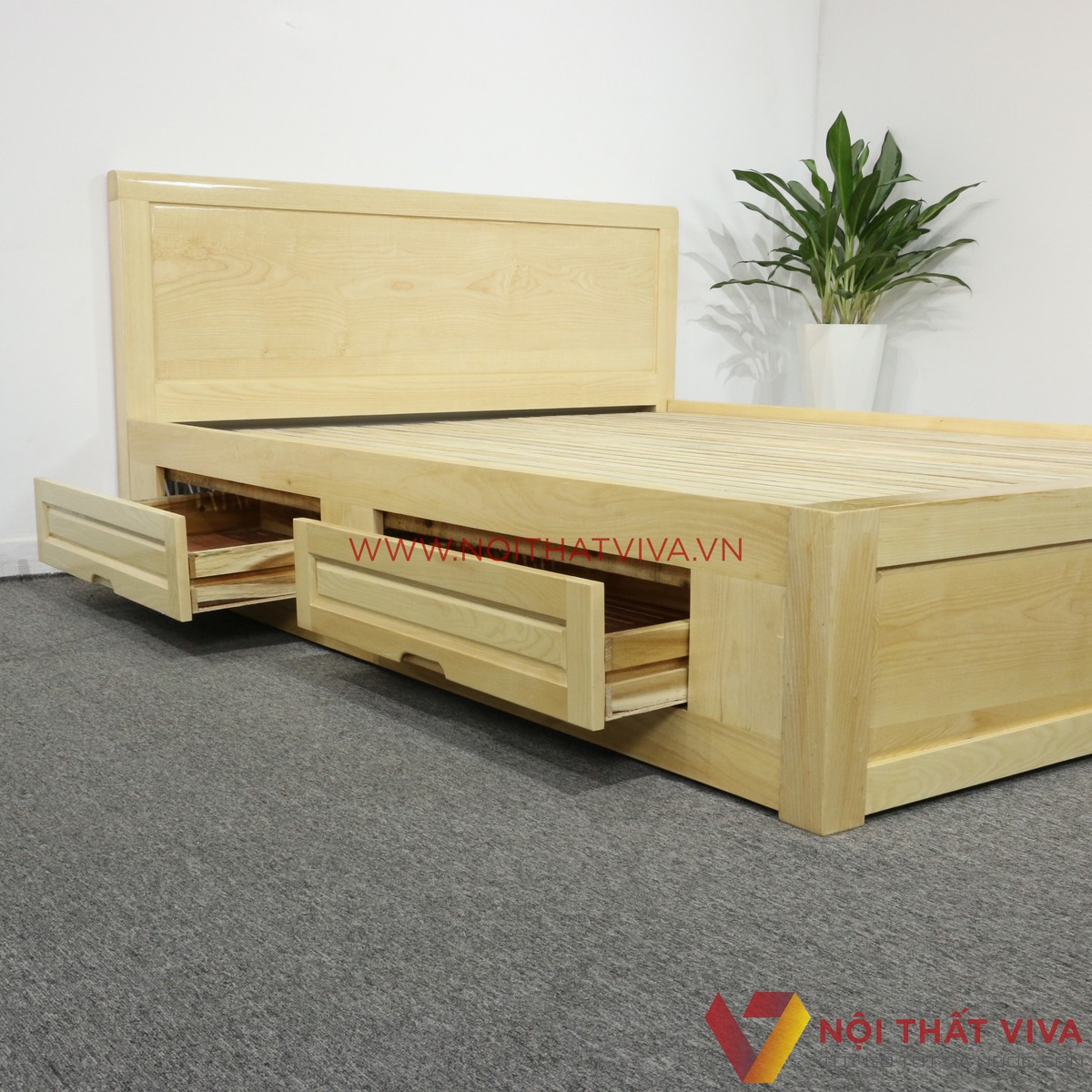 Giường Ngủ Gỗ Sồi 1M8X2M Ngăn Kéo Màu Tự Nhiên Giá Rẻ