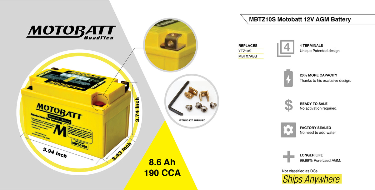 Bình Ắc Quy Quadflex MotoBatt MBTZ10S 12V 8.6Ah CCA190 Cho Nhiều Dòng PKL