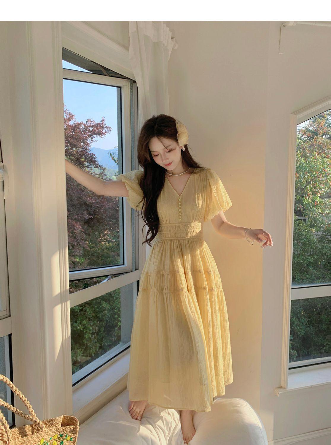 SHUANGYAN DbyDoi Pháp Vintage dịu dàng gió hiển thị gầy v-cổ tiên nghỉ mát gió váy đầm đầm dài cho trẻ em mùa hè
