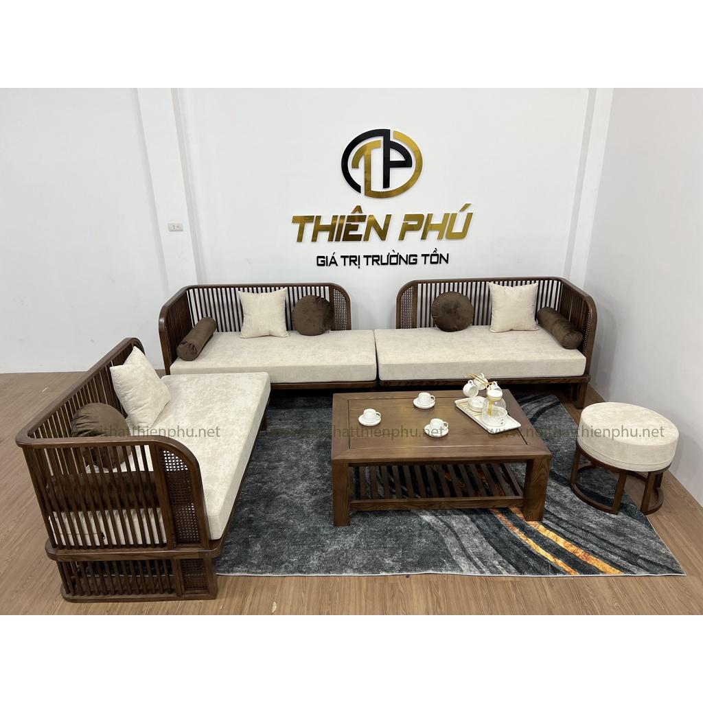 Sofa gỗ phòng khách phong cách Indochine, đệm mút bọc nỉ UKILI cao cấp