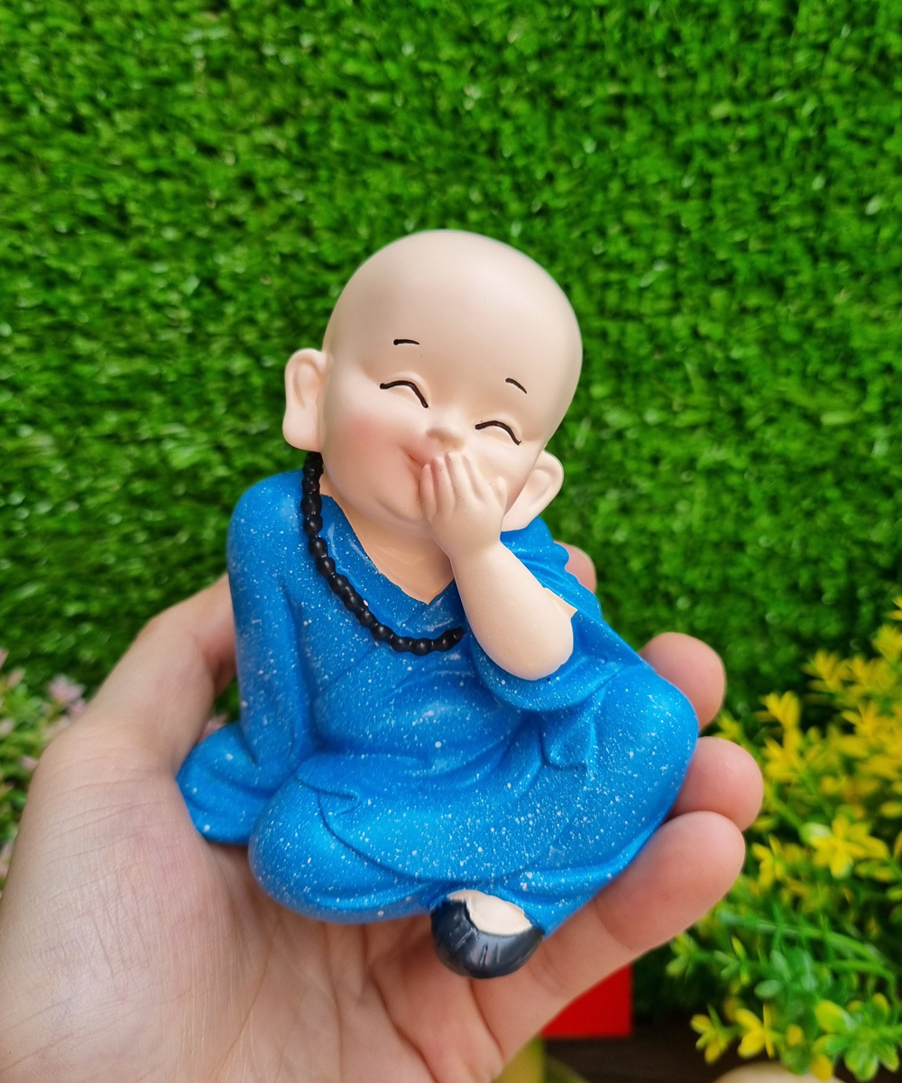 Bộ 04 chú tiểu Tứ Không áo màu xanh dương 10cm - tặng kèm túi 50 xu vàng mini may mắn