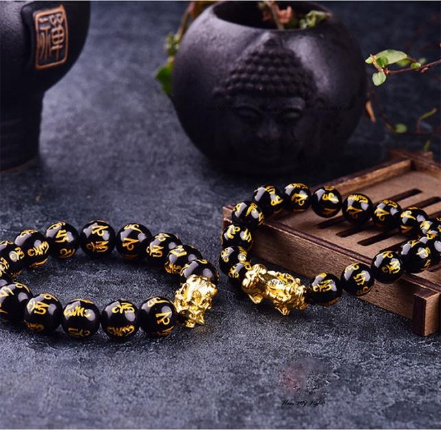 Vòng tay mã não đen Om Mani Padme Hum mix tỳ hưu