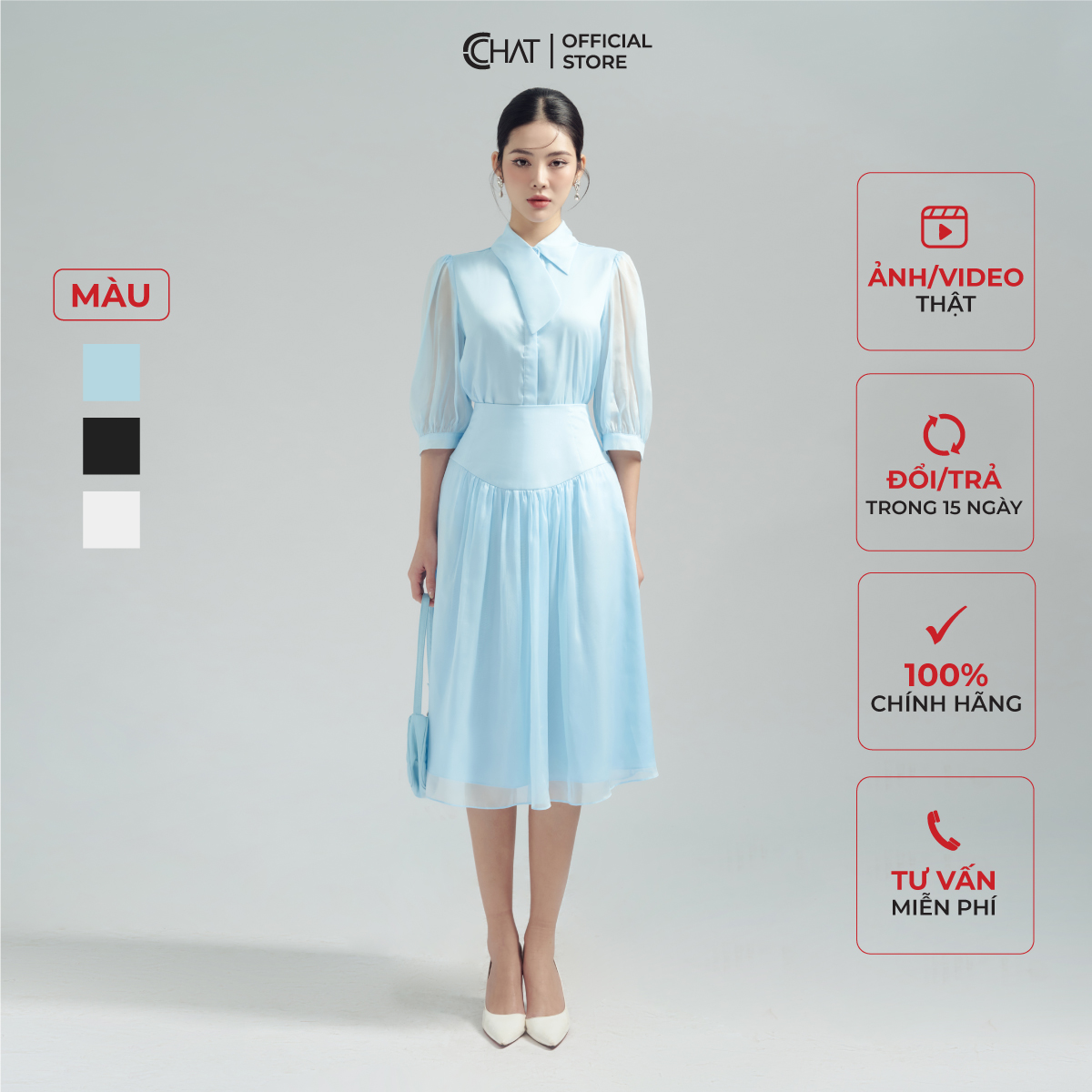 Set Đồ Nữ CCHAT Sơ Mi CV Rúm Xòe Chất Liệu Voan Tơ 53BNV8001XT