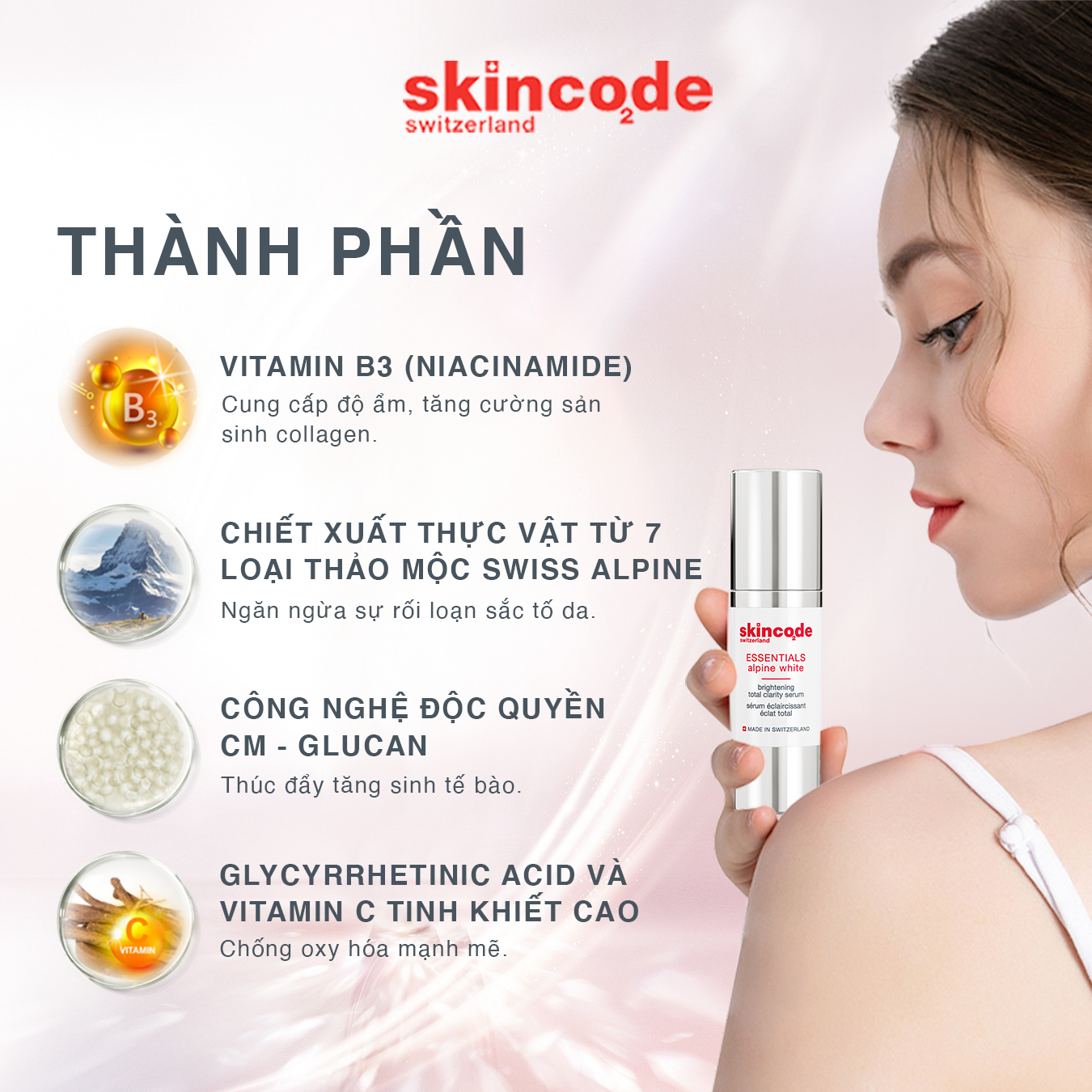 Huyết thanh dưỡng trắng, giảm sạm nám Skincode Alpine White Brightening Total Clarity Serum 30ml - MS 1602