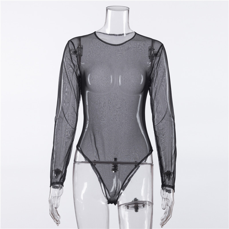 Bodysuit Dài Tay Ôm Body Cổ Tròn Lưới Xuyên Thấu cho Nữ