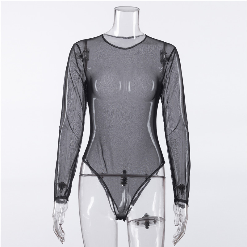 Bodysuit Dài Tay Ôm Body Cổ Tròn Lưới Xuyên Thấu