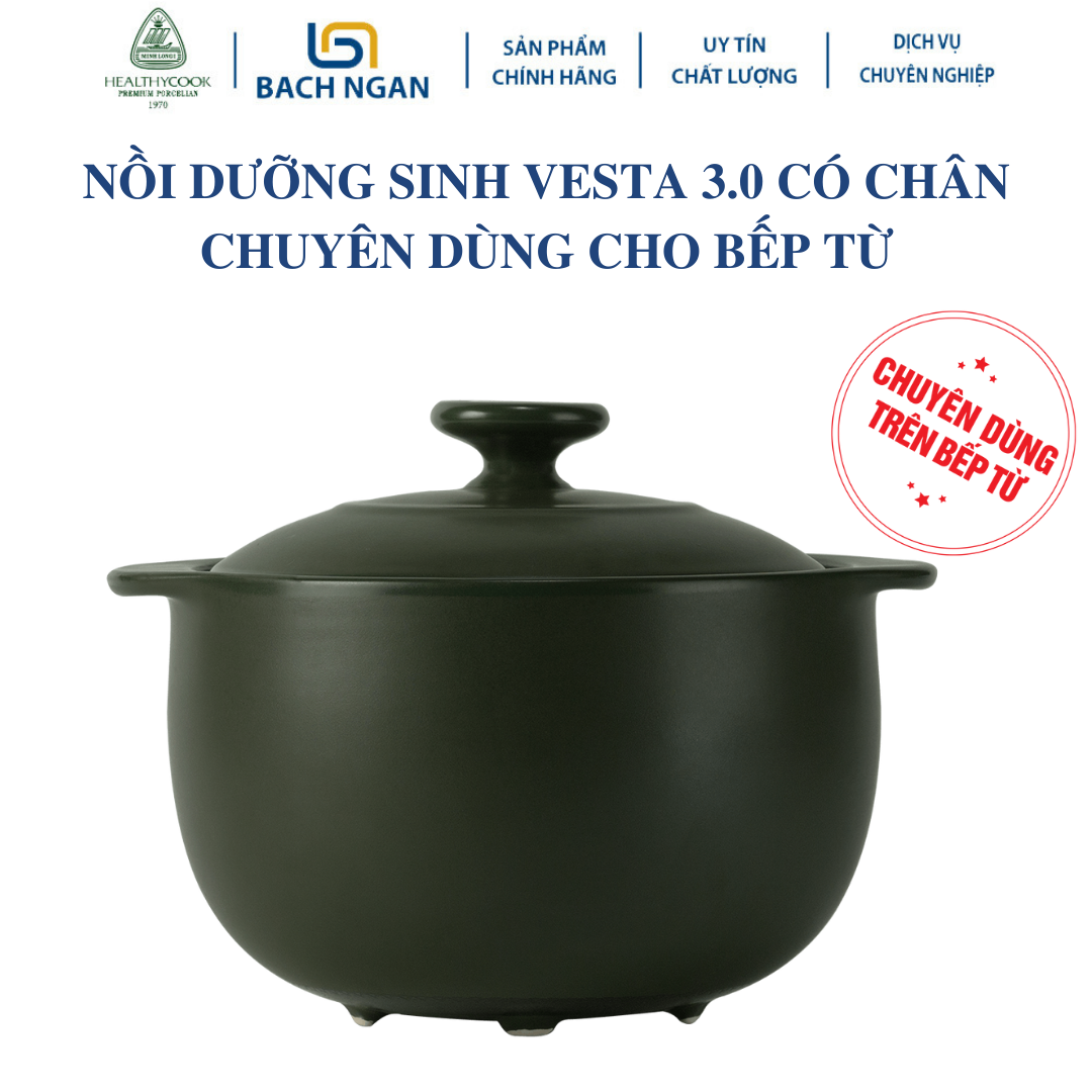 Nồi Sứ Dưỡng Sinh Minh Long - Bếp Từ - Vesta 3.0 L  - Xanh rêu có nắp đậy, an toàn cho sức khỏe, thực phẩm chín sâu và đều