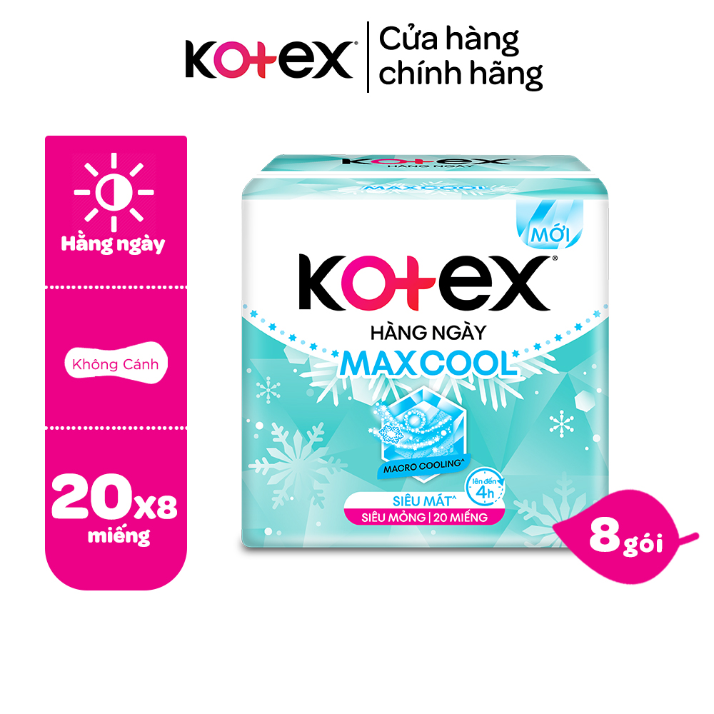 Combo 8 gói băng vệ sinh Kotex Maxcool hằng ngày kháng khuẩn 20 miếng