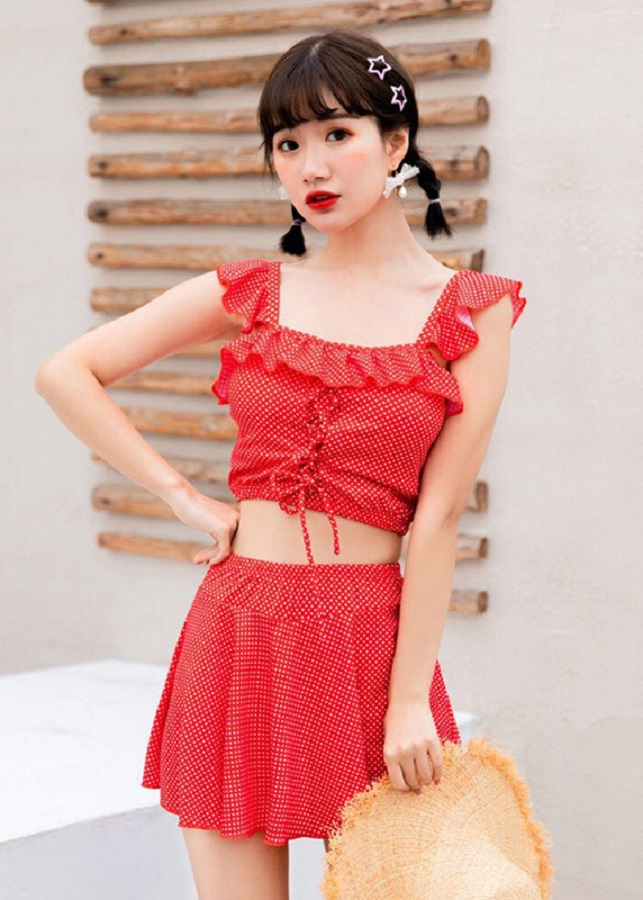 Bộ bơi 2 mảnh áo croptop chân váy họa tiết chấm bi nhỏ