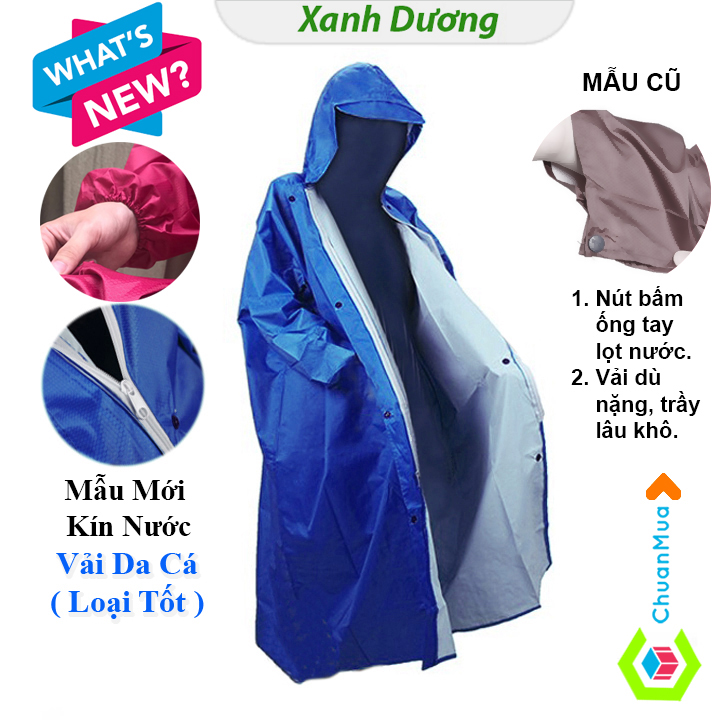 Bộ Áo Mưa Có Dây Khóa Kéo Vải Dù Da Cá Tổ Ong KOJMAC GDA218 Raincoat Fashion – Hàng Chính Hãng  Loại Chui Một Đầu 1 Người Lớn Bít Kín Không Xẻ Tà, Thời Trang Mang To Cho Nam Nữ, Chống Nước Đi Mưa Tản Bộ Xe Máy  – Xanh dương – 1m2 Cao < 165cm