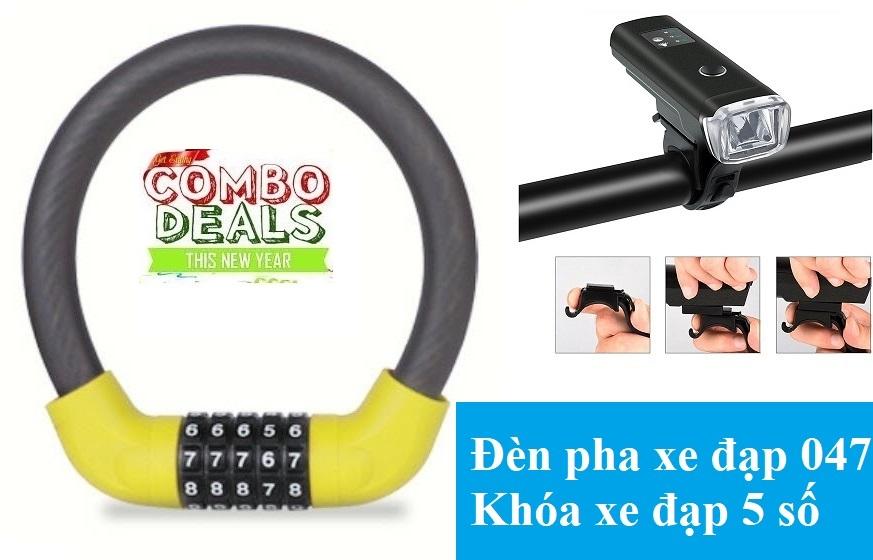 Combo Đèn trước xe đạp siêu sáng, sạc USB HJ-047+Khóa xe đạp 5 số đổi được mã