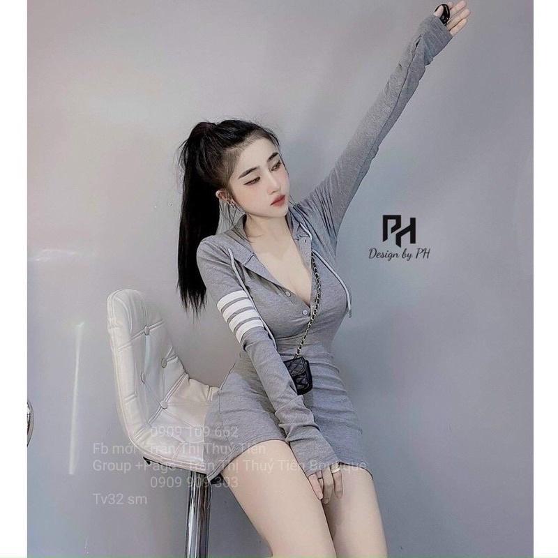 Váy Đầm Body Tay Dài Sọc Thể Thao Có Mũ Trùm LH129