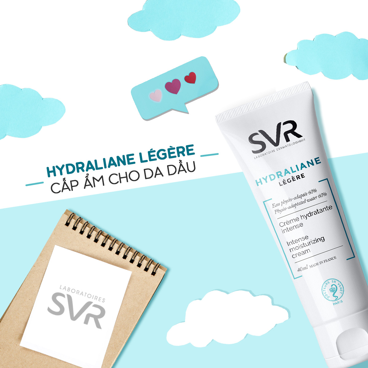 Kem dưỡng ẩm cho da thường và da hỗn hợp SVR hydraliane legere 40ml TẶNG mặt nạ Sexylook (Nhập khẩu)