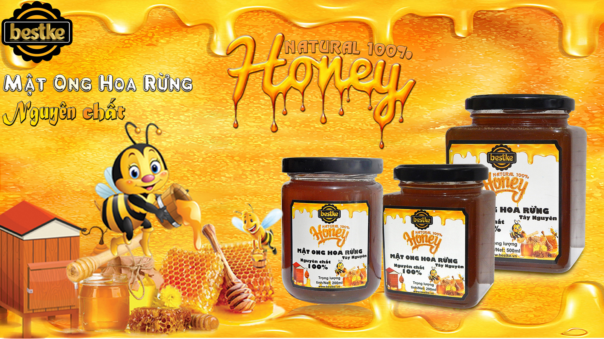 Mật ong hoa rừng Tây Nguyên nguyên chất 100% tự nhiên, Set 2 hũ, mỗi hũ 200ml, honey natural bestke