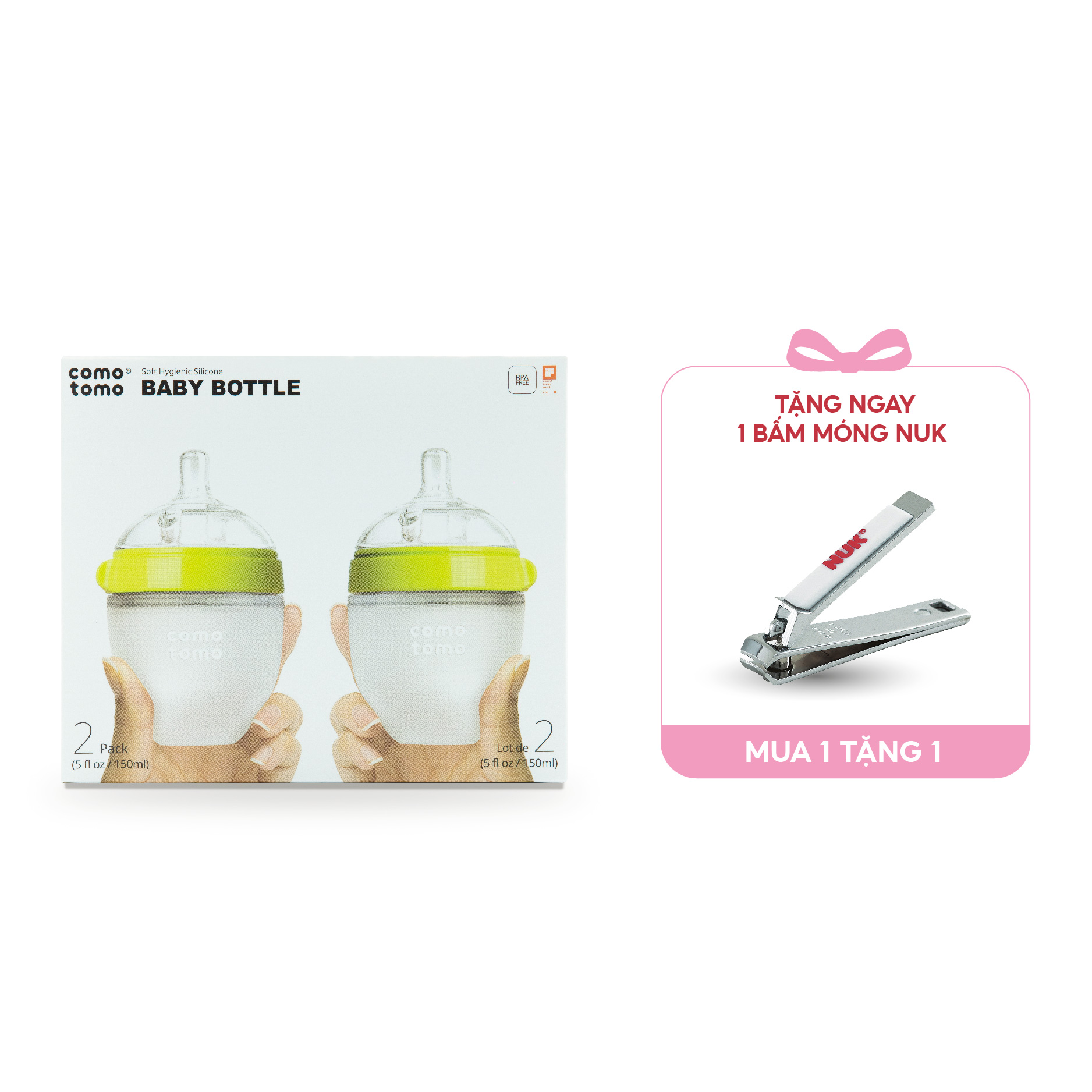 Bộ hai bình sữa silicone Comotomo 150ml - Xanh Tặng Bấm móng sơ sinh NUK