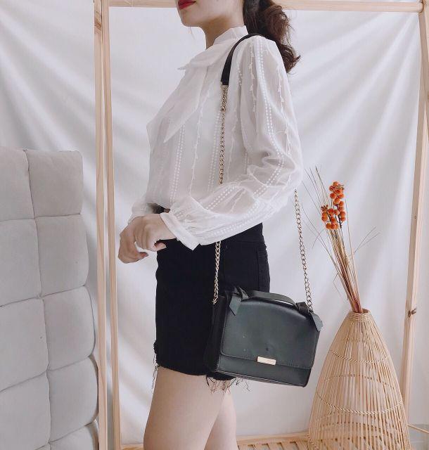 Áo sơmi tay phồng phối nơ cổ