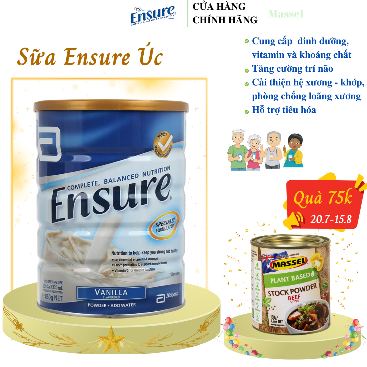 Sữa Ensure Vanila Úc cho người già, người suy dinh dưỡng, cấp đầy đủ dinh dưỡng giúp hồi phục sức khỏe - Massel Official (850g/lon)