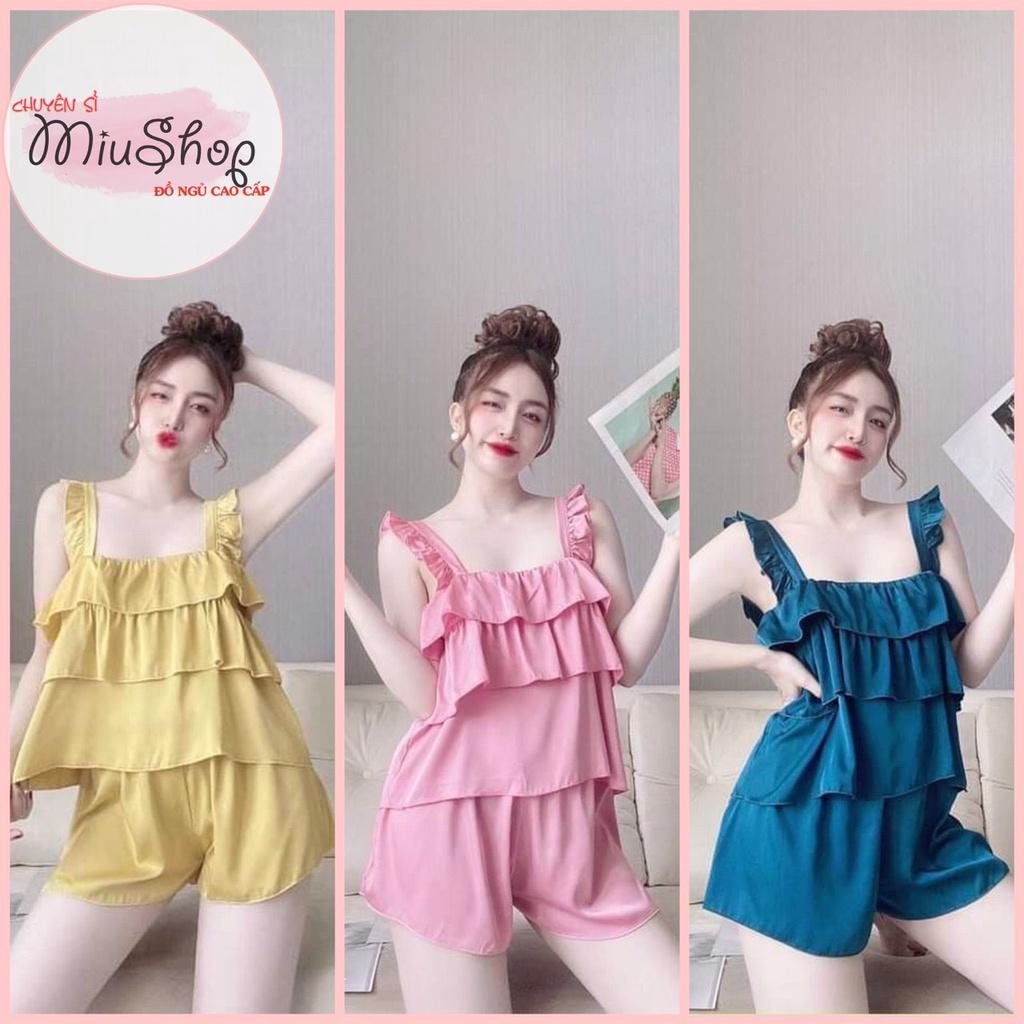 Giá Rẻ Đồ bộ lụa satin 2 dây cánh tiêng áo xếp bèo tầng quần đùi đồ ngủ mặc nhà cao cấp