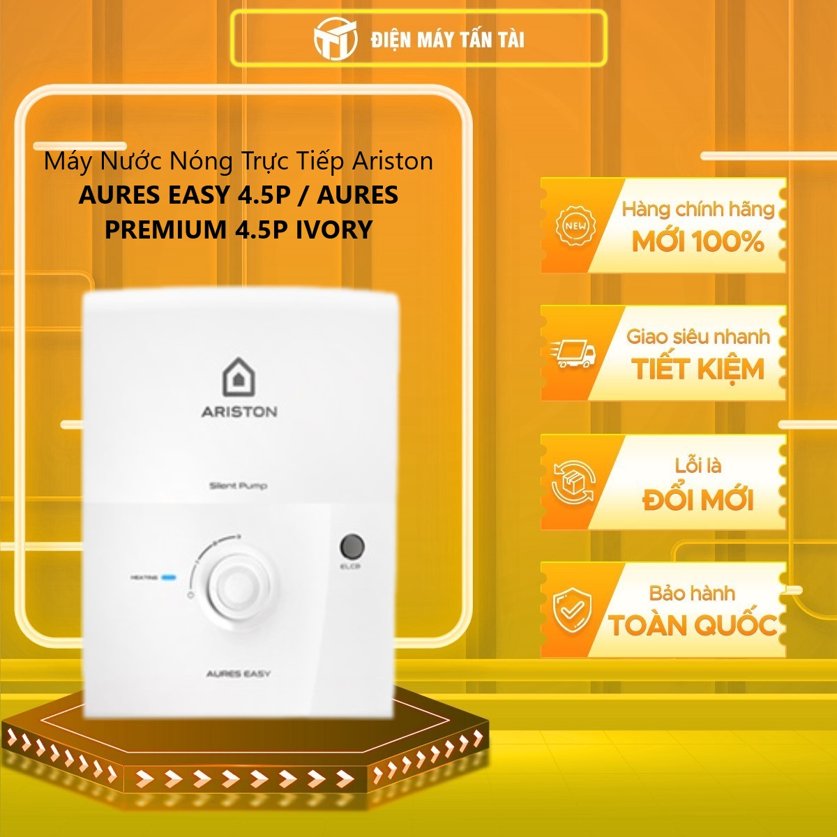 Máy nước nóng trực tiếp có bơm Ariston AURES EASY 4.5P (4500W) - Hàng chính hãng