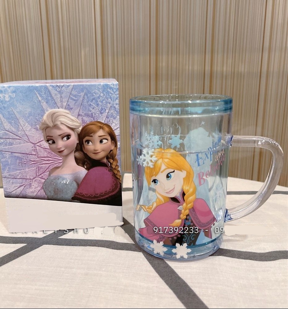 Ly quai cầm tay dạng thẳng 2 lớp nhũ nước kim tuyến trong suốt hình công chúa Elsa và Anna  màu xanh siêu cute cho bé gái 250ml -  PDP2514
