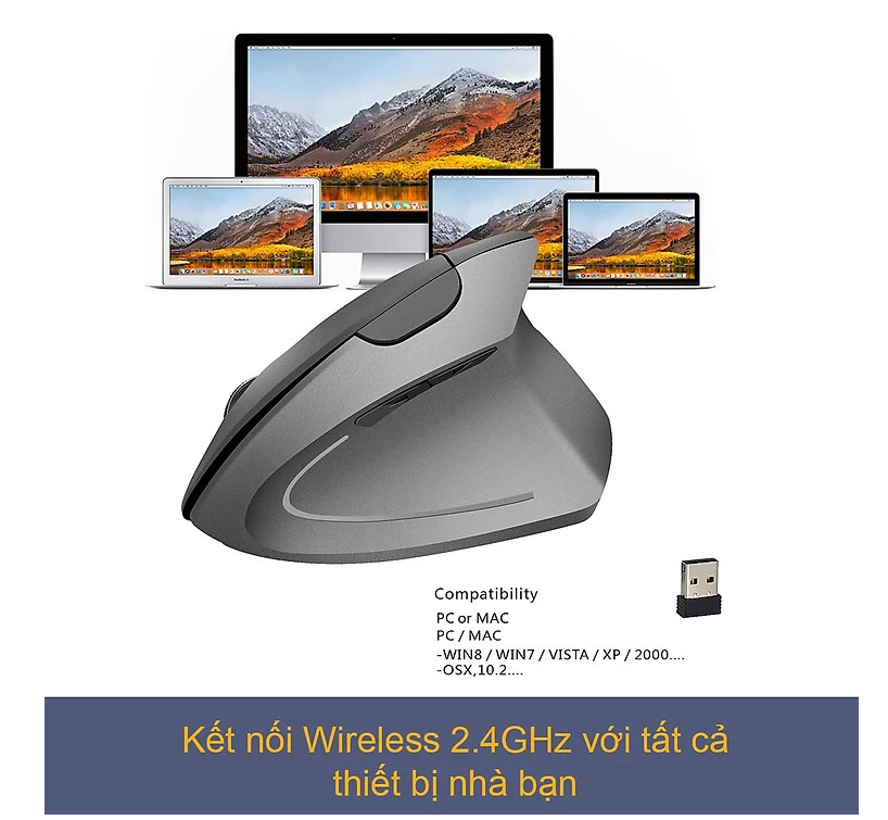 Chuột không dây kiểu đứng sạc pin T22 wireless USB 2.4GHz chống mỏi tay chuyên dùng cho pc laptop macbook ipad tivi DRU - Hàng Chính Hãng