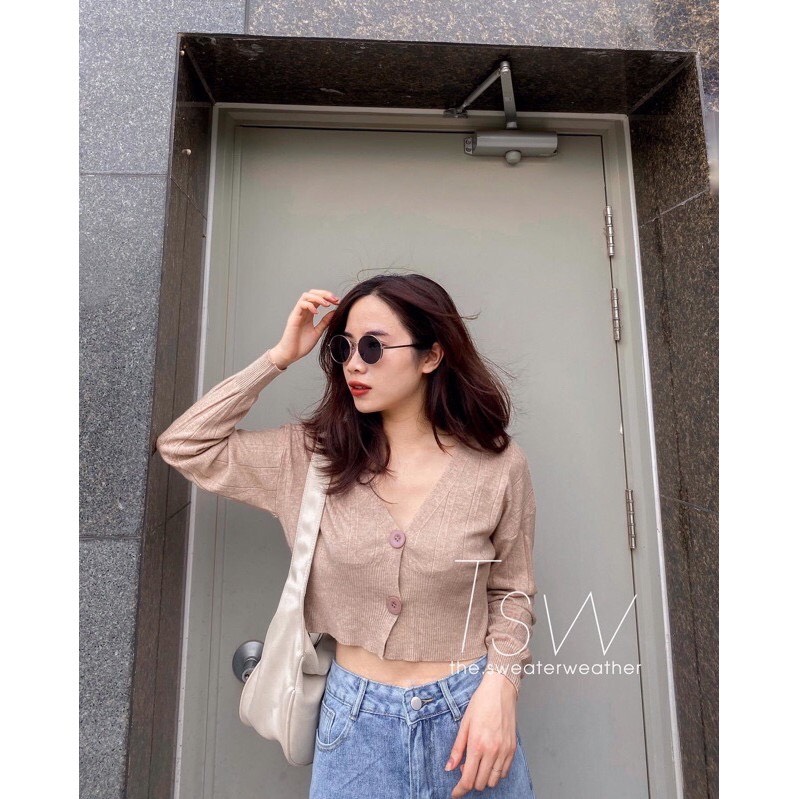 Áo cardigan 2 cúc dáng croptop len mềm xinh xắn