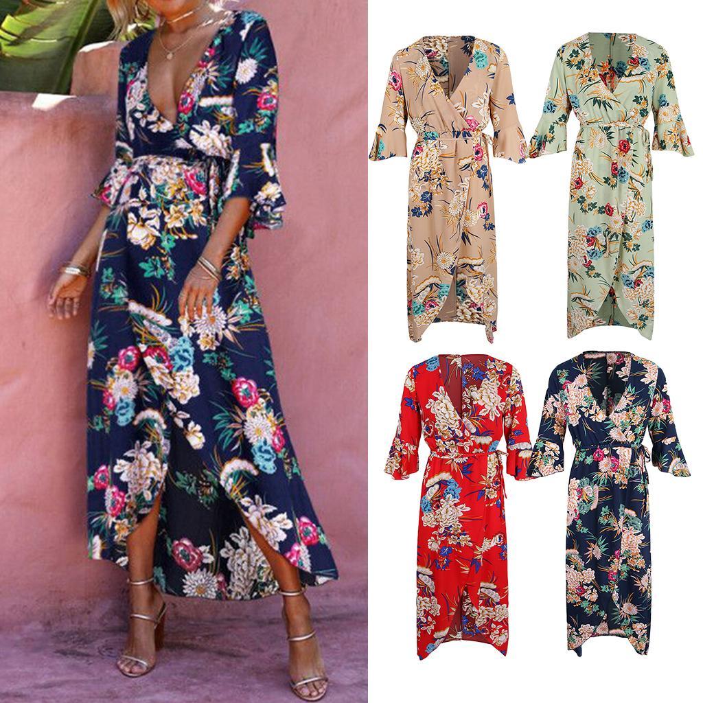 Women's V Neck Floral High Split Loose Dress Stretch Casual Long Maxi Dress