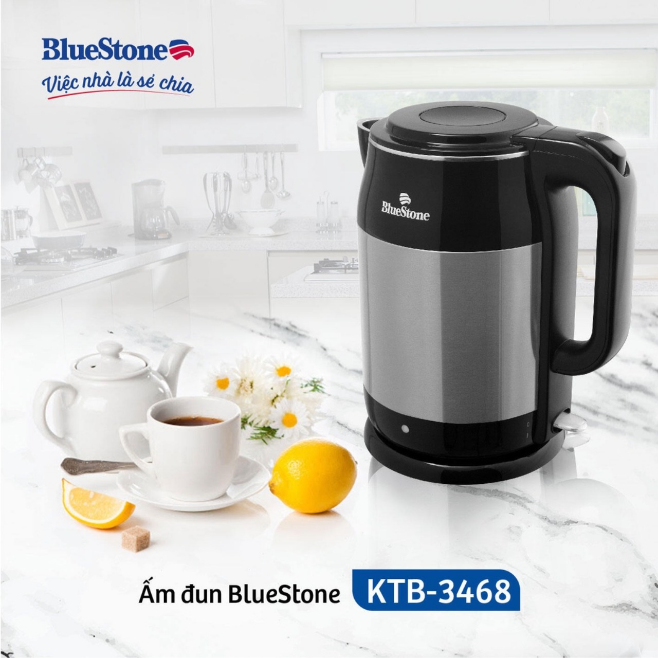 Ấm Đun Siêu Tốc BlueStone KTB-3468, 1.7Lit -1800w, 2 Lớp giữ nhiệt sang trọng, Hàng chính hãng