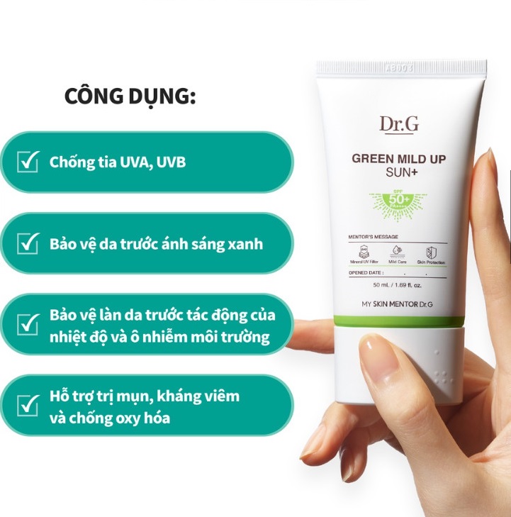 Kem chống nắng thuần vật lý cho da nhạy cảm Dr.G Green Mild Up Sun+ SPF50+PA++++ 50ml