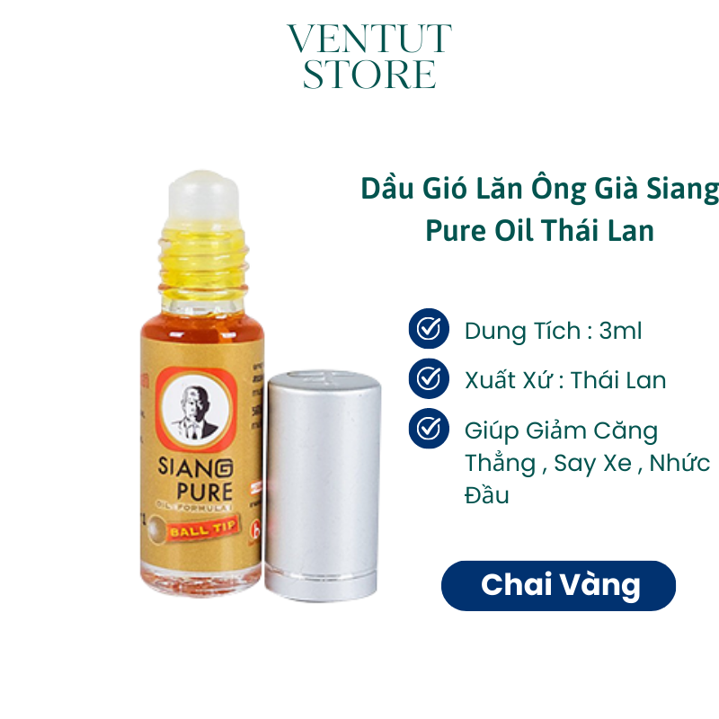 Dầu gió lăn Siang Pure 3cc ông già Thái Lan / Trắng , Vàng