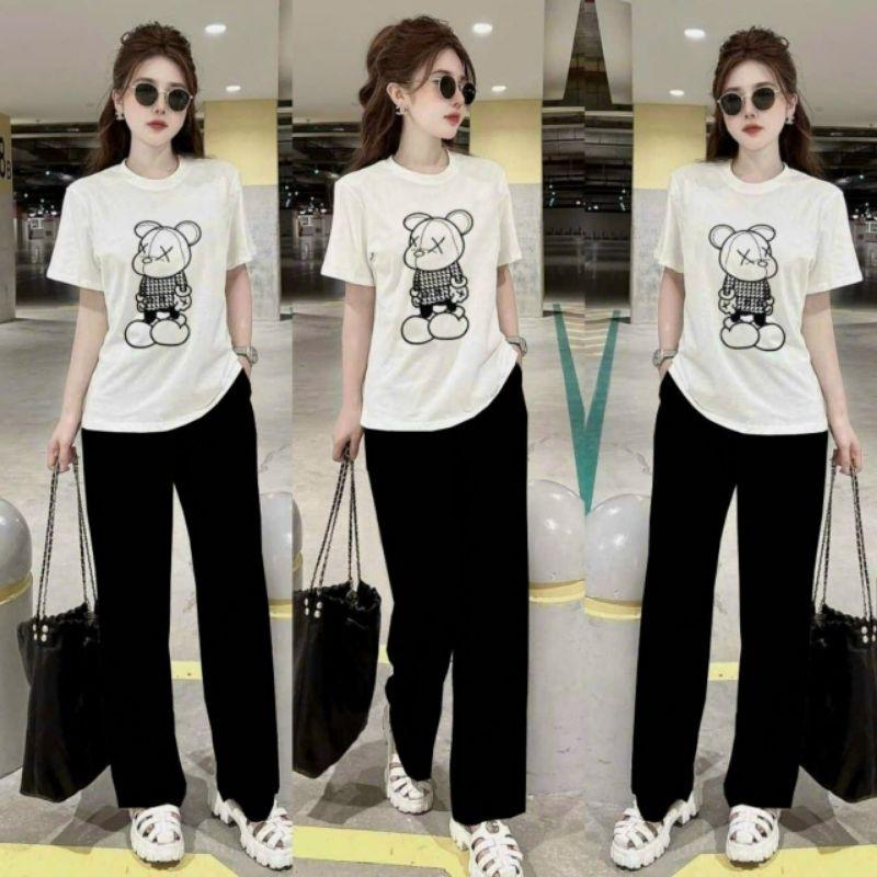 Đồ bộ thun nữ có bigsize quần dài ống suông quần ống rộng áo thêu hình gấu, sét bộ đi chơi đi làm, bộ đồ mặc nhà xinh