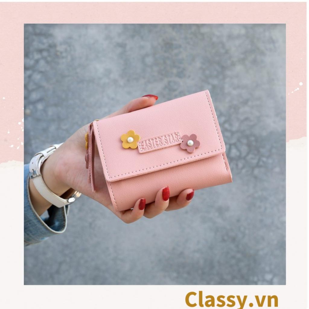 Ví nữ ngắn Classy dạng gập đính hoa, nhiều ngăn đựng thẻ, có nút bấm T1307