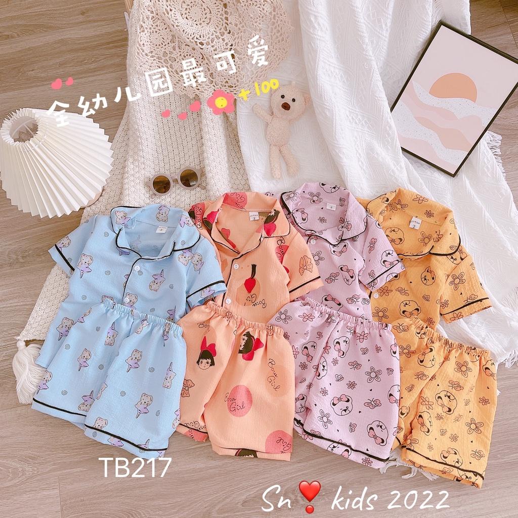 Bộ pyjama cộc tay cho bé gái vải đũi xốp thoáng mát, mềm mại, nhiều màu sắc và họa tiết size từ 10 đến 20 kg