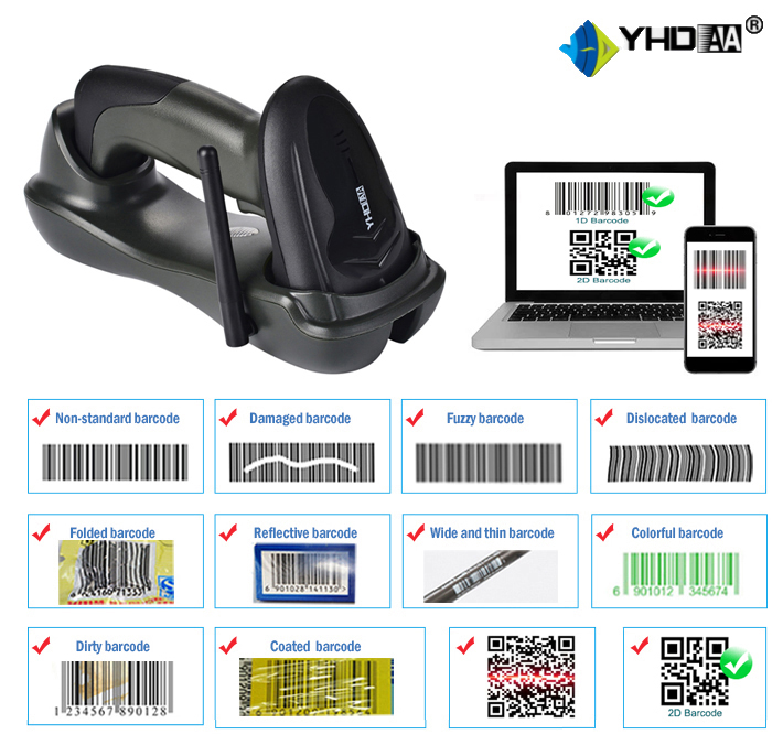 Máy quét mã vạch không dây YHD 5300DM 2D kèm đế sạc đọc mã Barcode 1D Qrcode 2D mẫu mới siêu nhạy dùng trên Máy tính, Laptop - Hàng Nhập Khẩu