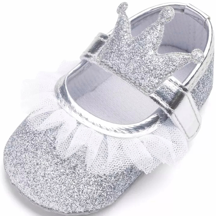 Giày tập đi công chúa lấp lánh đính vương miện phối ren đế chống trơn trượt cho bé gái 0-18 tháng tuổi – TD23