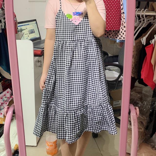 Set yếm kẻ bầu - váy thiết kế
