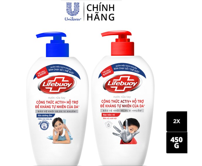 Combo 2 Nước rửa tay sạch khuẩn Lifebuoy Bạc Bảo Vệ và Sữa Dưỡng Ẩm Chai 450G