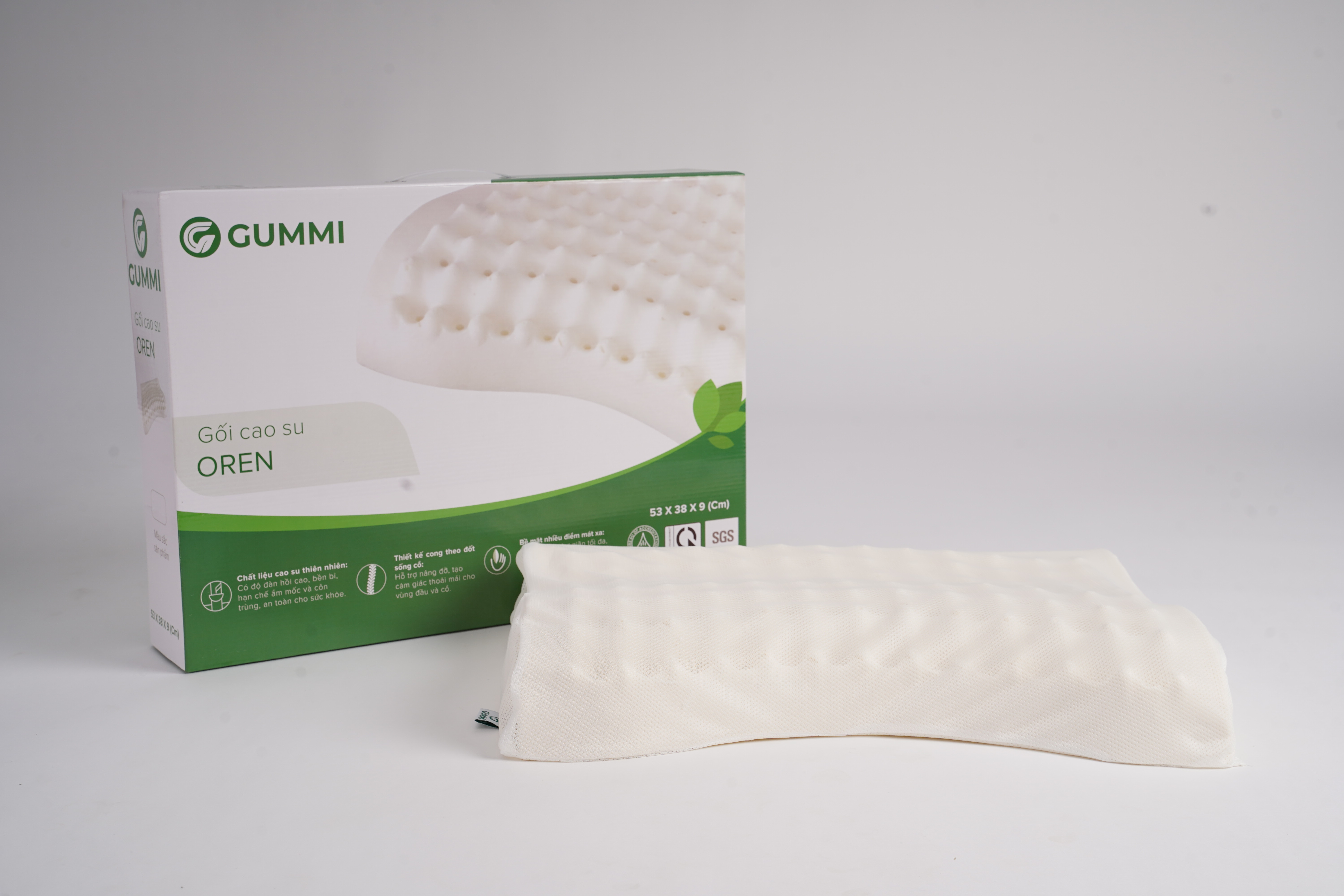 Gối cao su thiên nhiên cao cấp Gummi Oren 38x53cm thoáng khí, chống thoái hoá đốt sống cổ, an toàn cho làn da