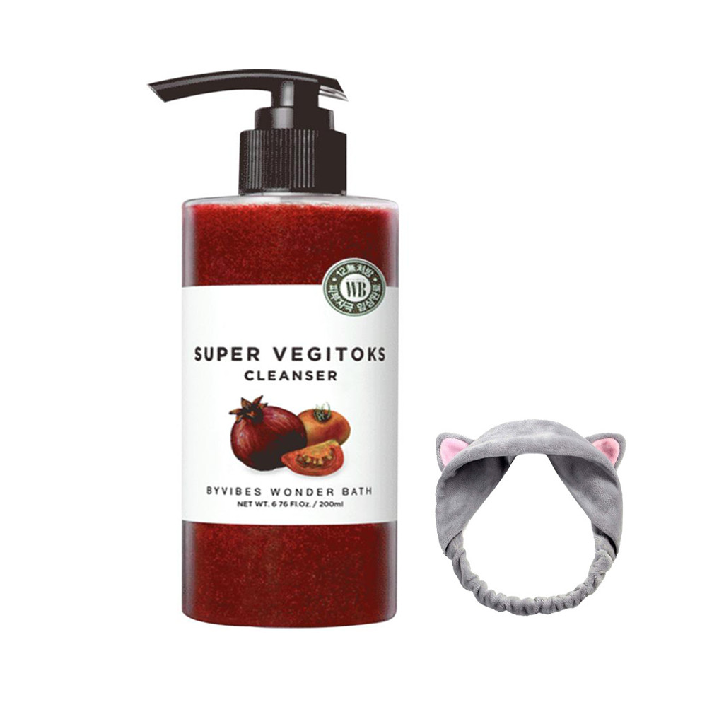 Sữa Rửa Mặt Sủi Bọt Khí &quot;3 in 1&quot; Tẩy Trang - Rửa Mặt - Thải Độc Tố Wonder Bath Super Vegitoks Cleanser 300ml (Màu đỏ) + Tặng kèm 1 băng đô tai mèo xinh xắn ( màu ngẫu nhiên)