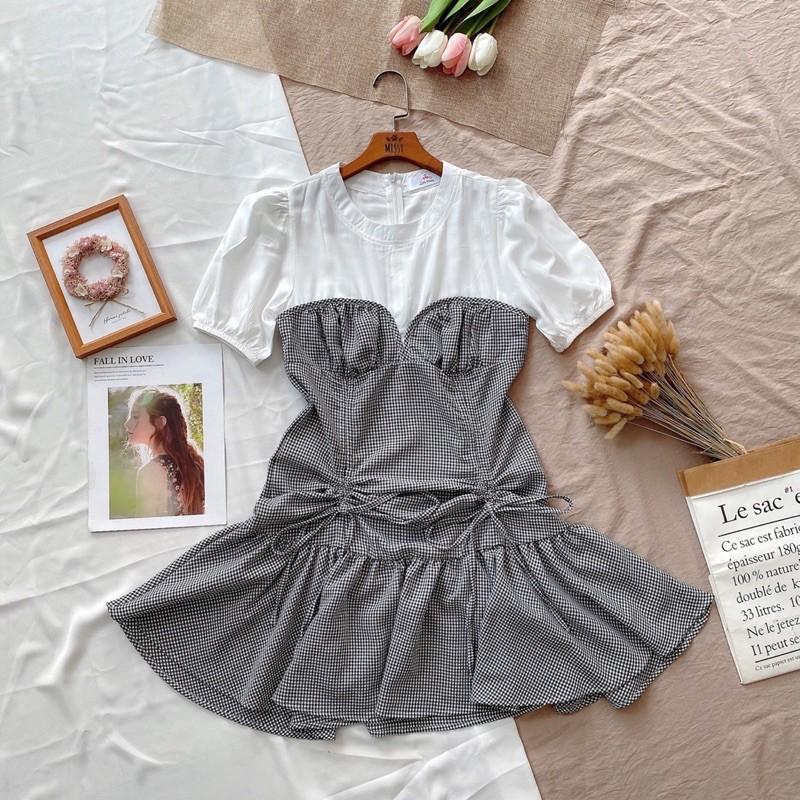 038 - Đầm caro rút cổ tròn khóa kéo sau
