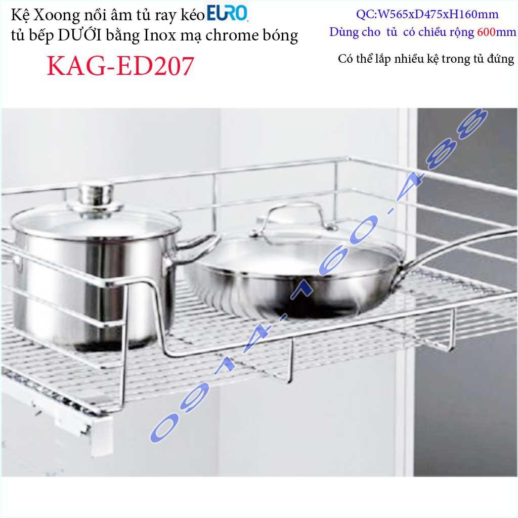 Kệ xoong nồi Euro KAG-ED207-60cm, giá xoong nồi inox âm tủ 60cm có ray giảm chấn tủ bếp dưới ray êm ái sử dụng tốt
