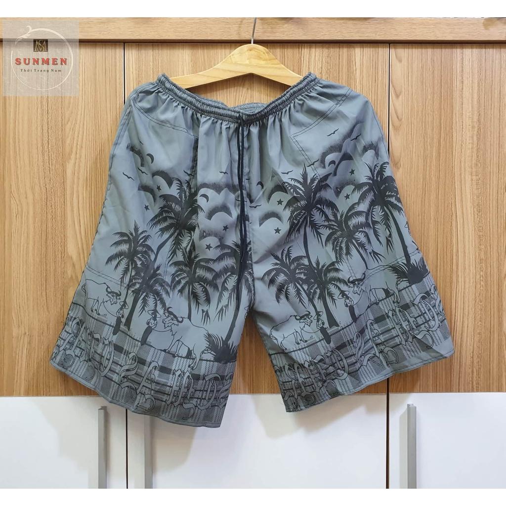 Quần Short Nam Lưng Thun Đi Biển Chất Dù Tối Màu In Họa Tiết Cây Dừa SUNMEN FreeSize Từ 50 - 75kg