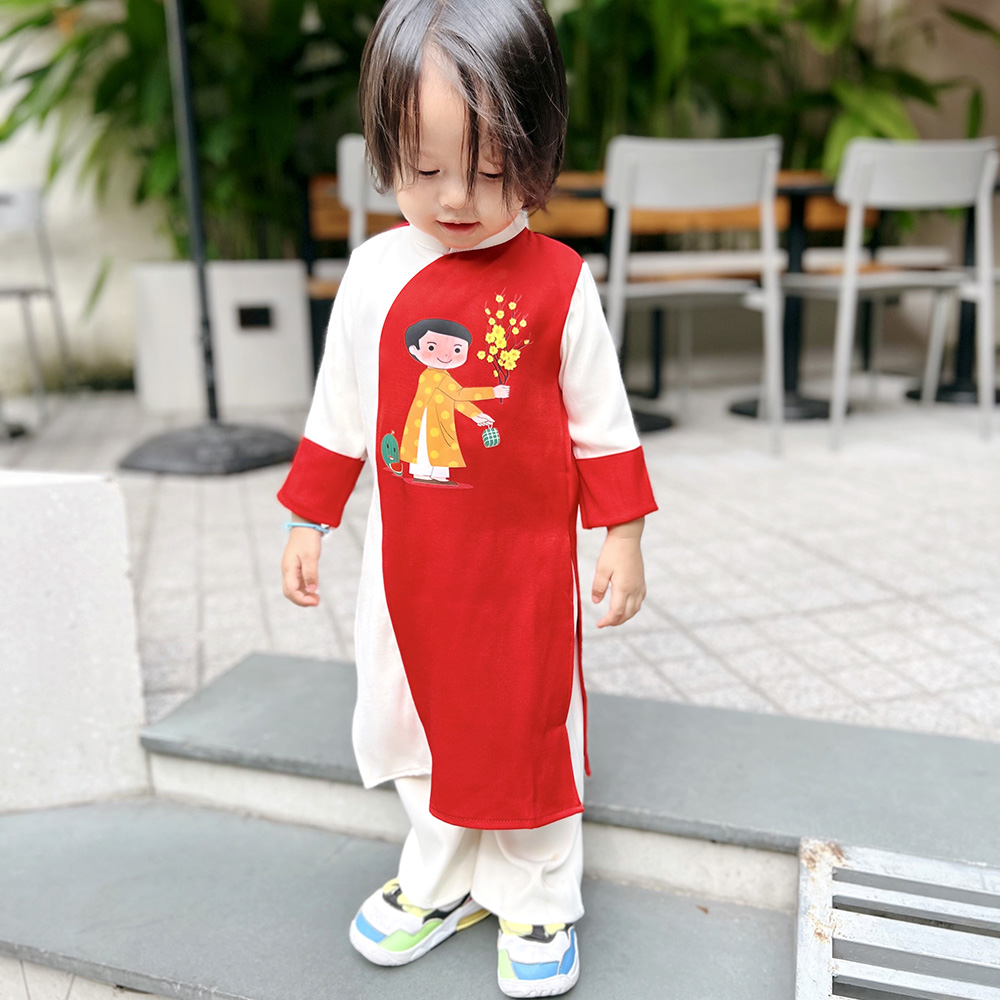 Áo dài đôi Bé Trai Bé Gái mặc cặp vải lụa chéo mềm màu đỏ in hình em bé Tết kèm quần suông MamLa TC204