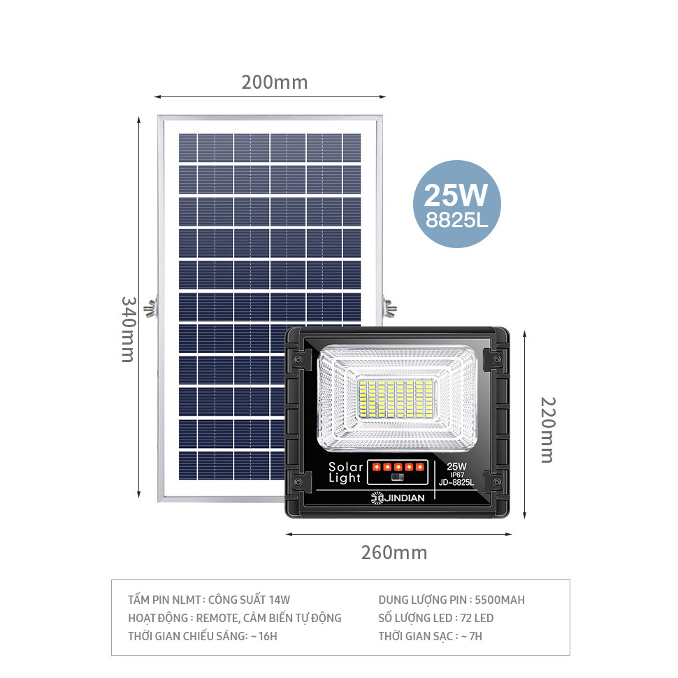 Đèn Năng Lượng Mặt Trời  JINDIAN, đèn nlmt, Đèn led pha năng lượng mặt trời- Hàng Chính Hãng có Logo JINDIAN