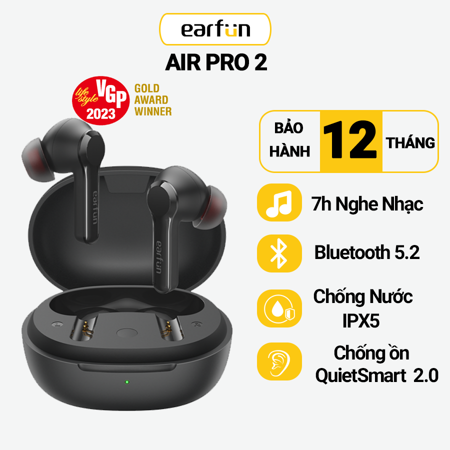 Tai nghe True Wireless Earfun Air Pro 2 - Chống ồn chủ động QuietSmart 2.0 40db, Xuyên âm, Bluetooth 5.2, sạc Type-C, Pin 34 giờ, Chống nước IPX5, Sạc không dây Qi - Hàng chính hãng